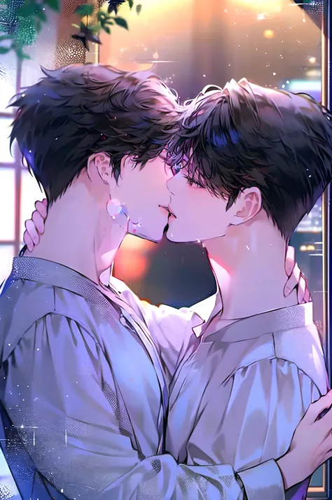 (4K works))、​masterpiece、(top-quality)、Korean couple、((Male couple))、Kissing each other、the kiss、Kiss while hugging、Happiness、((Short-haired man in white))、((Man with short black hair))、Adult male、Two people making love by the window、Happy memories、lovey-d...