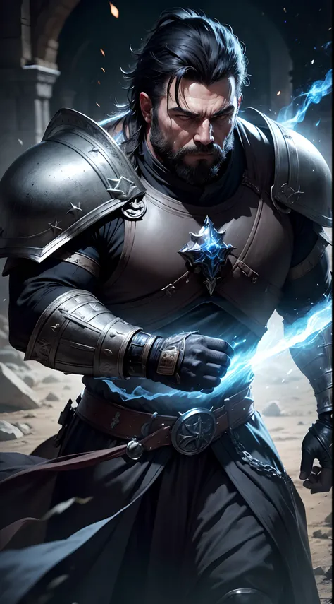 Realistic, 8K image of a strong man, dressed in black cleric attire and silver RPG warrior-style shoulder pads, conjuring a bluish aura around his body