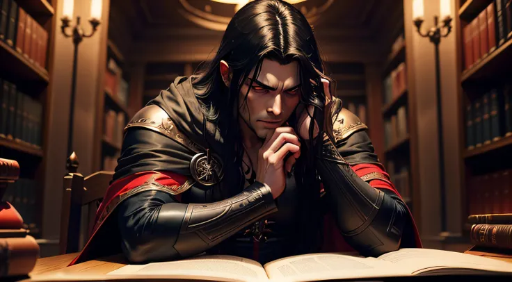 dark muscular male evil lord with long black hair wearing black and red cloak sitting in a library with his hands on his face, depression sad expression, sadness