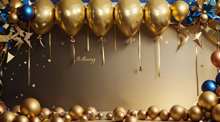 Holiday background with golden and blue metallic balloons, confetti and ribbons. Festive card for birthday party, anniversary, new year, christmas or other events.