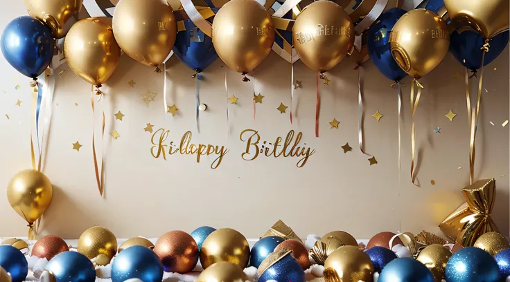 Holiday background with golden and blue metallic balloons, confetti and ribbons. Festive card for birthday party, anniversary, new year, christmas or other events.