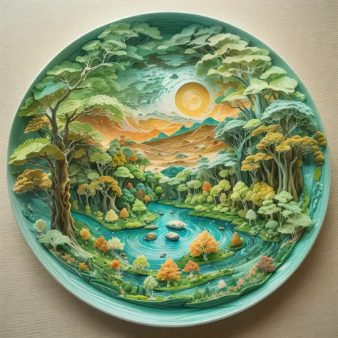 On a plate,(Paper carving):Dream landscape painting