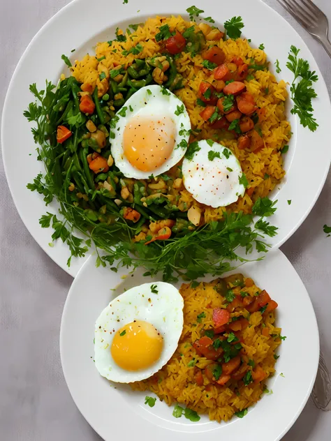 Un plato con arroz blanco y un huevo encima, realista.