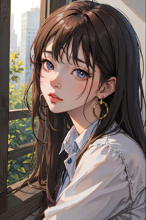 anime girl looking out of window with city in background, beautiful anime portrait, detailed portrait of anime girl, portrait anime girl, cute anime girl portraits, cute anime girl portrait, kawaii realistic portrait, anime style portrait, realistic anime ...