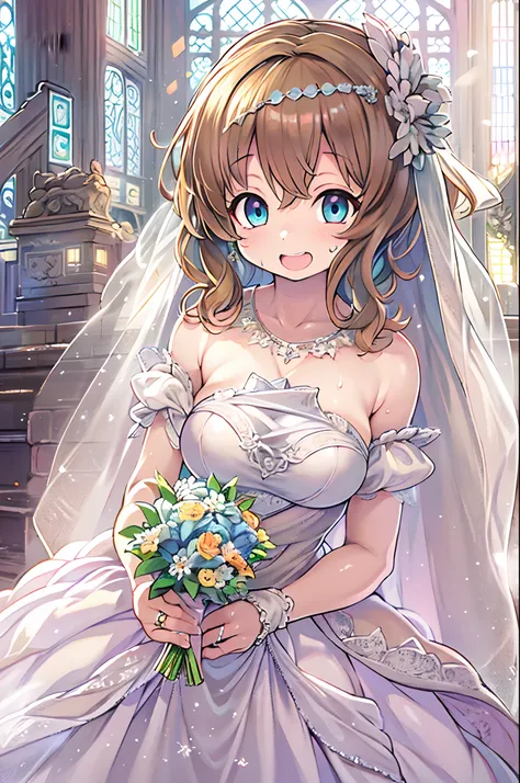 High resolution, Best Quality, masutepiece, Ultra high definition, Ultra high definition, Anime, Illustration, Solo, Very beautiful and cute woman in her 20s, wearing wedding dress、 Her hair is moving, Close up of hands, Great perfect proportions, Glossy l...