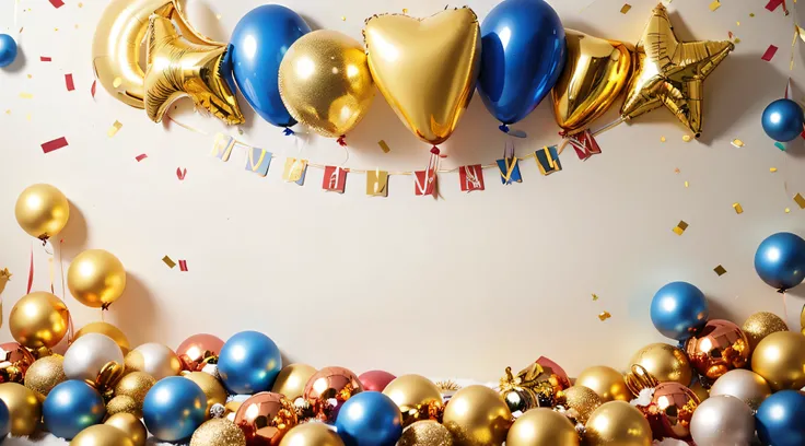 Holiday background with golden and blue metallic balloons, confetti and ribbons. Festive card for birthday party, anniversary, new year, christmas or other events.