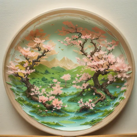 On a glass plate,(Paper carving):Fantastic peach blossom forest landscape painting