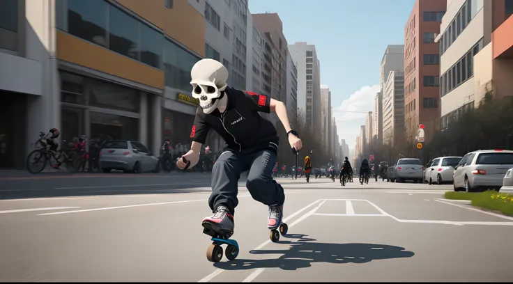 Create an image of a skull rollerblading in the middle of a street amidst cars, with a radiation-themed