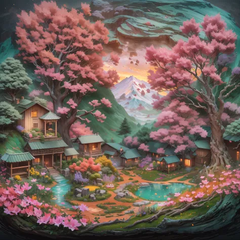 On an obsidian slab,(Paper carving):Rose garden，rainbow in the sky，(depth of fields)，Light，Mist，log cabin,the cherry trees，Ethereal atmosphere,Vibrant colors,cinematic compositions，dream magical，hoang lap，Particle effect，diffused reflections，(mont)，waterfa...