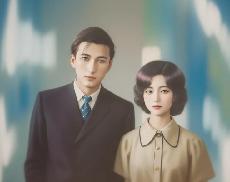 Painting of man and woman in suit and tie, Ayanamikodon and Irakli Nadar, a colorized photo, colorized background, colored photo, old color photo, a colorized photo, colorized, colored photo, colorized, colorized, vintage color photo, Later 1 9 6 0, color ...