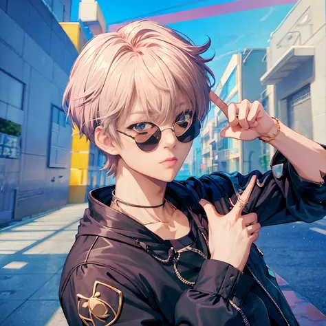 A boy with sunglasses making a peace sign, in an anime style, in anime style, with index finger, anime style only, style anime, anime vibe 4k anime style, 4k realistic anime style, 3d anime style, anime style character, lofi girl, flat anime style shading,...