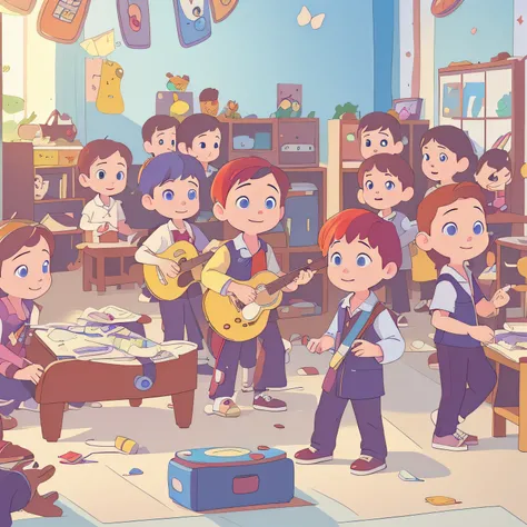 cartoon children playing instruments in a classroom with a teacher, by jeonseok lee, animated film still, animation film still, animated movie still, animation still, childrens art in artstation, by Jang Seung-eop, animated still, rendered in corona, offic...