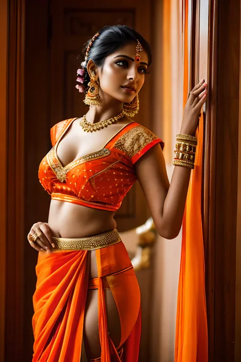 Indian woman、Female sexy、Sexy orange traditional indian costume