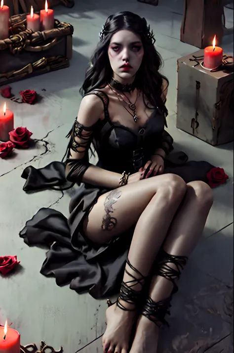 beautiful woman beautiful gothic black makeup straight black hair to the waist stunning black silk dress intricate strappy red rose tattoo knots arms props rings necklaces bracelets red nails and bare feet, apocalyptic destroyed environment with smoke and ...