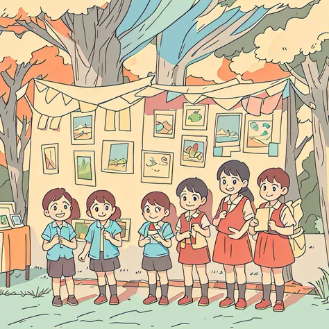 Cartoon picture of a group of children standing in front of a wall, offcial art, Official illustration, Official artwork, film still from an cartoon, children illustration, lovely art style, official fanart, Cartoon illustration, Japanese animation style, ...