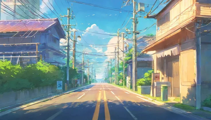 There is a painting of a road with wires and poles, anime countryside landscape, Anime background art, Anime landscape, Highly detailed illustration.”, anime style cityscape, Makoto Shinkais style, anime backgrounds, Anime landscapes, in the style of makot...