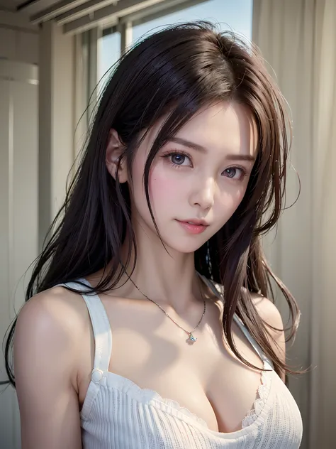 (in 8K, top-quality, ​masterpiece:1.2), (realisitic, Photorealsitic:1.37), ultra-detailliert, Natural sunlight, mideum breasts, I can see the cleavage, 1 persons, 25 year old woman,  Pendants, Torn shorts, Light Knit V-Neck Shirt, At the time of performanc...