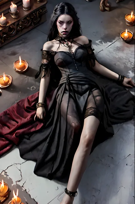 beautiful woman beautiful gothic black makeup straight black hair to the waist stunning black silk dress intricate strappy red rose tattoo knots arms props rings necklaces bracelets red nails and bare feet, apocalyptic destroyed environment with smoke and ...