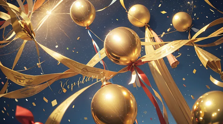 Holiday background with golden and blue metallic balloons, confetti and ribbons. Festive card for birthday party, anniversary, new year, christmas or other events.