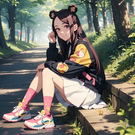 (cool outfit + womens clothing + long hair), sakura from naruto short skirt, hand pockets, shallow smile on the face, patterned strawberry socks, colorful sneakers, natural sunlight, bright white and dark parts, a small amount of Pooh Bear (2 pcs).