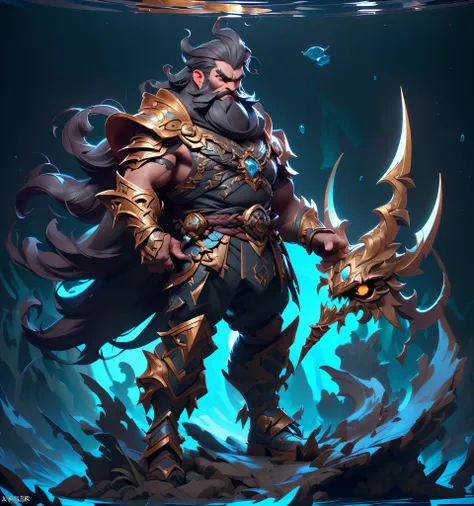 Underwater world Atlantis，abyssal，Epic reality，(hdr: 1.4)，A strong giant wearing a small amount of armor，Shogun，Large, Reddens Nose，plump，Strong，Savage，Thick black curls，big beard，A beard that turns into a braid，Tattoos on the chest，（dyna：standing on your ...