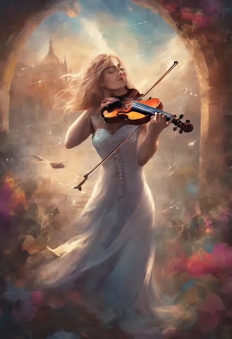 A single female violinist playing the most incredible piece of music known to mankind. Love and peace is flowing out of her violin, causing the beginning of world peace, dramatic scene, feelings of prefect love