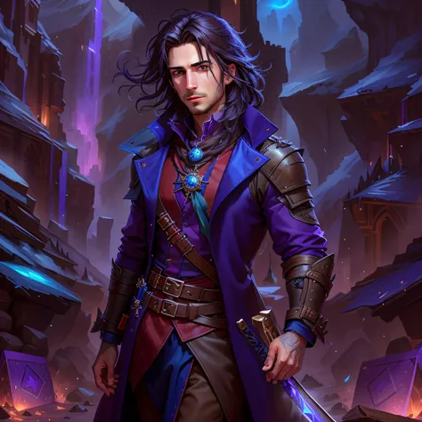 arafed male in a purple coat and blue shirt holding a sword, caleb from critical role, portrait of fin wildcloak, portrait of a dnd character, silvain sarrailh, portrait of an adventurer, black hair, fantasy male portrait, male artificer, kaladin stormbles...