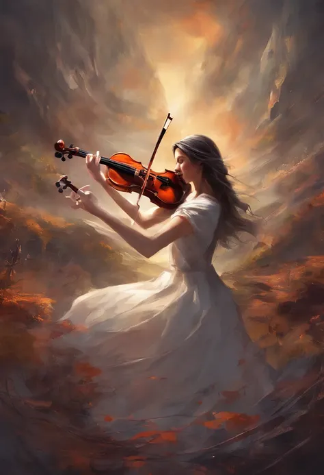 A single female violinist playing the most incredible piece of music known to mankind. Love and peace is flowing out of her violin, causing the beginning of world peace, dramatic scene, feelings of prefect love