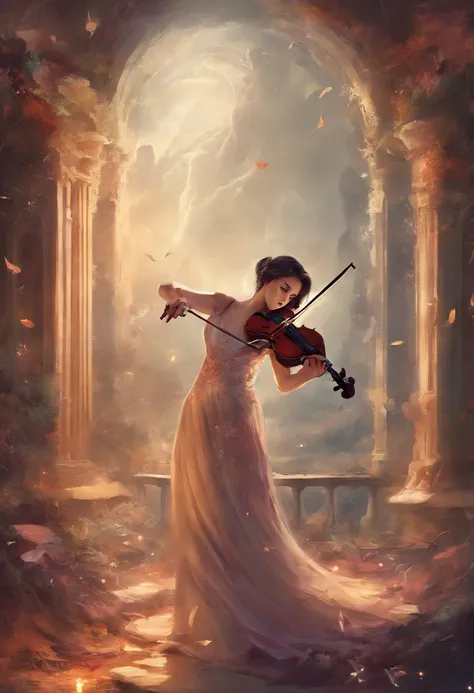 A single female violinist playing the most incredible piece of music known to mankind. Love and peace is flowing out of her violin, causing the beginning of world peace, dramatic scene, feelings of prefect love