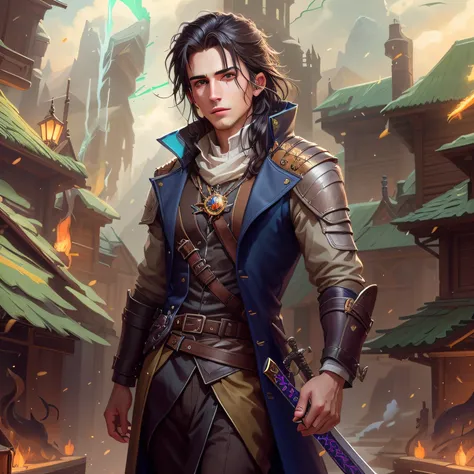 arafed male in a black coat and white shirt holding a sword, caleb from critical role, portrait of fin wildcloak, portrait of a dnd character, silvain sarrailh, portrait of an adventurer, black hair, fantasy male portrait, male artificer, kaladin stormbles...