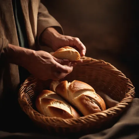 Imagine the bread of Holy Communion, sendo servido, Bread broken in wicker basket, Male hands holding bread to share.