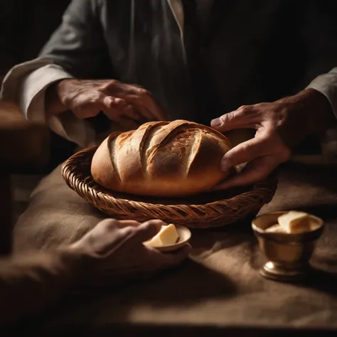 Imagine the bread of Holy Communion, sendo servido, Bread broken in wicker basket, Male hands holding bread to share.