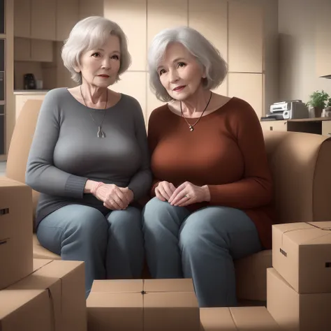 Couple of senior women. 60 years old. On an empty living room background. With lot of carboard oackages surrounding them. Photorealistic, cinematic lighting, drop shadow, diffraction spikes, Ultra-Wide Angle, Hasselblad, UHD, masterpiece, anatomically corr...