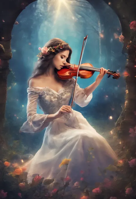 A single female violinist playing the most incredible piece of music known to mankind. Love and peace is flowing out of her violin, causing the beginning of world peace, dramatic scene, feelings of prefect love