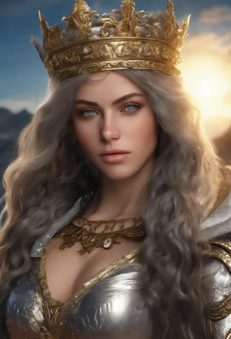 professional 3d render, realisticlying;1.3 ,soft features, full bodyesbian ,Beautiful perverted big-breasted queen ,with a gold crown, Handheld white pulp, Indecency, Obscene armor,Nuanced blue eyes, Sunset background, The wind blew through her hair and,De...