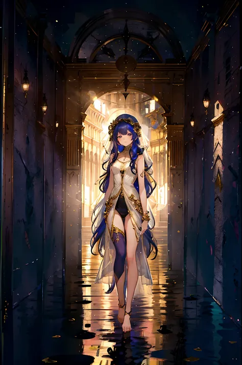 Masterpiece, dreamlike art, 8k, best quality, 1 girl, solo, veil, goddess of the void, celestial body, sparkling violet hair, dark multicoloured hair, wavy long hair with tubes, divine demeanor, smirk, gorgeous girl, young lady, sleeveless showy starry tun...