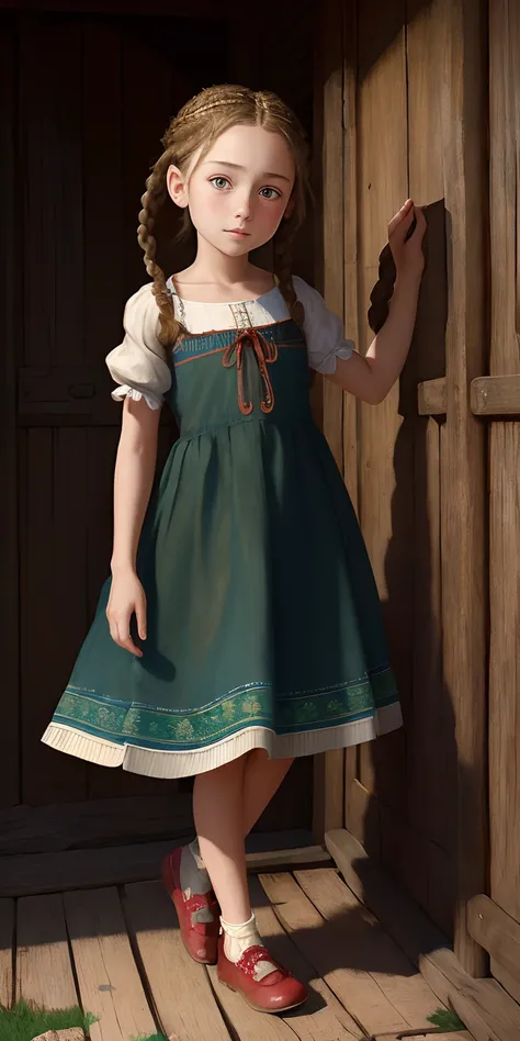 (((masterpiece))), (best quality), ultra-detailed, 8k CG illustration, (young peasant, charming 8 year old girl with braided hair, green eyes), dressed in a long blue simple dress reaching down to the feet, with red shoes, full body,