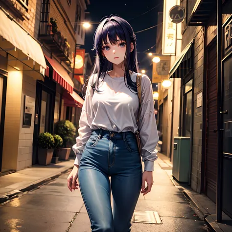 Estilo anime, uma linda mulher sozinha, cabelo longo preto, Shimmering green irises, Wearing a denim jumpsuit with a white long-sleeved shirt, em uma cidade, de noite, luzes acesas, ultra detalhado, perfect  lighting