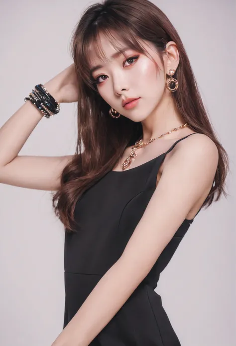 xxmixgirl,woman in a black dress posing for a picture, “uwu the prismatic person, kpop style colors, shot at night with studio lights, neck chains, inspired by Wang Yuanqi, brown hair with bangs, 1:1 album artwork, streaming on twitch, plastic doll, lisa, ...