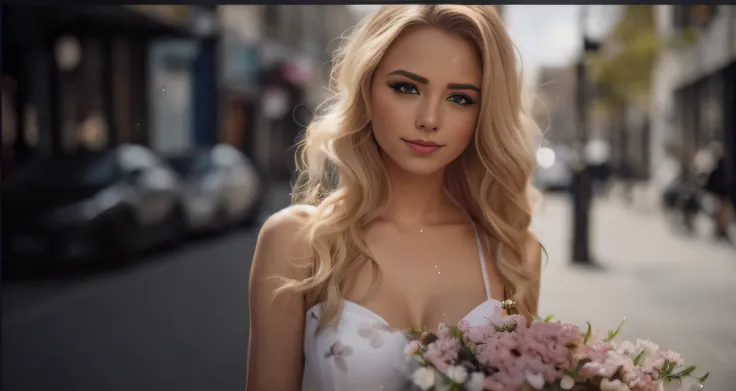 Blonde woman with a bouquet of flowers on a city street, bokeh top cinematic lighting, Retrato VFX altamente detalhado, foto retrato suave 8 k, beautiful portrait lighting, mulher atraente, menina atraente, 8K Artgerm Bokeh, sensual 8K lighting, modelo bon...