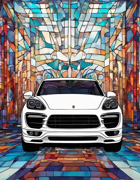 2014 (white)(Porsche Cayenne) out side by river, detailed retro-futuristic architecture