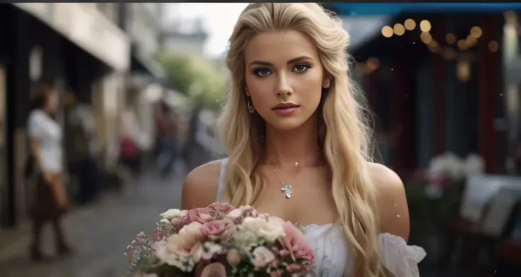 Blonde woman in white dress holding a bouquet of flowers on a city street, Retrato VFX altamente detalhado, karol bak uhd, Beautiful Nordic woman, mulher sueca loira, Directed by: Emma Andijewska, modelo bonito, Swarovski, retrato vfx altamente detalhado d...