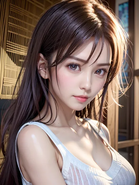 (in 8K, top-quality, ​masterpiece:1.2), (realisitic, Photorealsitic:1.37), ultra-detailliert, Natural sunlight, mideum breasts, I can see the cleavage, 1 persons, 25 year old woman,  Pendants, Torn shorts, Light Knit V-Neck Shirt, At the time of performanc...