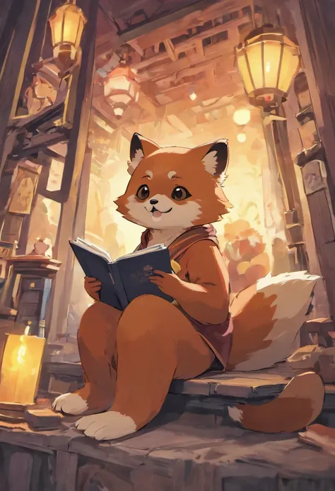 Wes Anderson style Red Panda, reading a book, super cute, by Kanō Tanyū, highly detailed and colored, in the art style of ukiyo - e, inspired by utagawa kuniyoshi