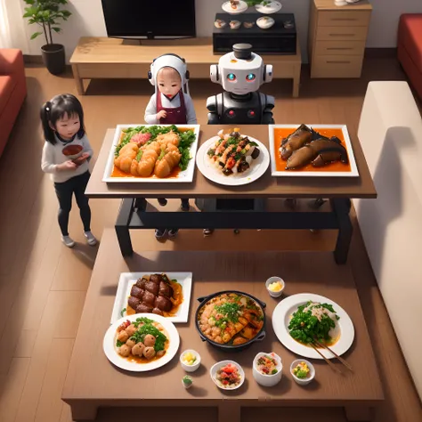 UE5，Family dinner，People will enjoy by intelligence、Delicious dishes prepared by automatic cooking kitchen robot，These robots can reproduce the most authentic local Chinese flavors。In the afternoon，Families will participate in virtual dragon and lion dance...