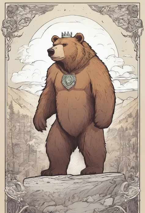 drawing of a bear that has special powers and a scar on its chest, and that has a crown and a lion on its head