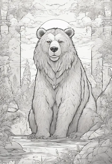 drawing of a bear that has special powers and a scar on its chest, and that has a crown and a lion on its head