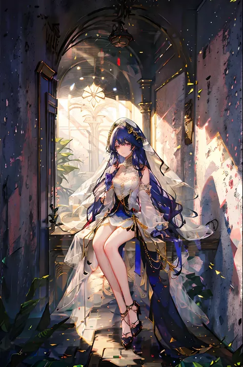 Masterpiece, dreamlike art, 8k, best quality, 1 girl, solo, veil, goddess of the void, celestial body, sparkling violet hair, dark multicoloured hair, wavy long hair with tubes, divine demeanor, smirk, gorgeous girl, young lady, sleeveless showy starry tun...