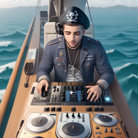 Criar um pirata em seu navio segurando um fone de dj ultra realista