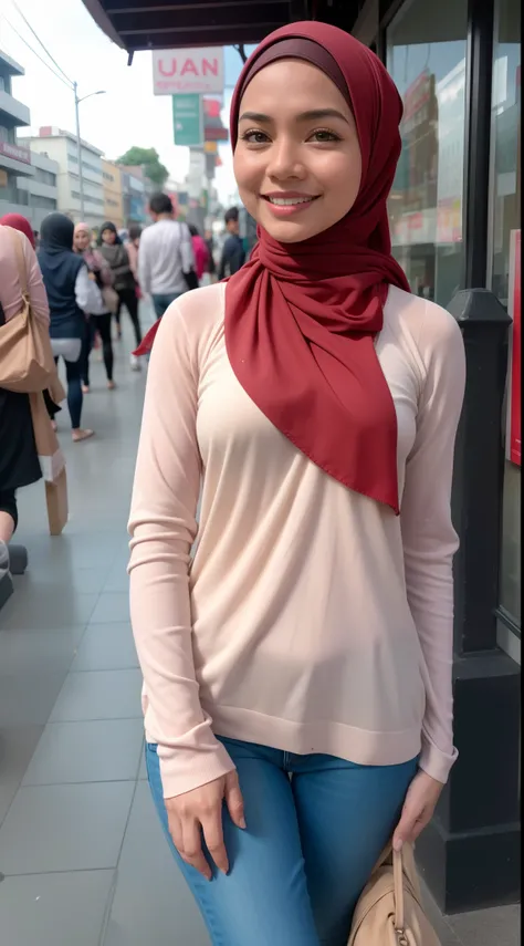 Malay girl standing in middle of the street laughing, rise her right hand, saying hi, happy pose, shibuya crossing, crowded street, morning, sunrise, wearing hijab, pastel color hijab, white tight tank top, red leather jackets, short white jeans, small tit...